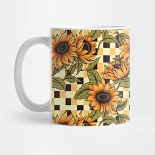 Aesthetic retro sunflowers, checked background Mug